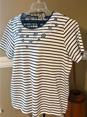 Alfred Dunner Navy and White Striped Tee with Studded Floral Accents XL